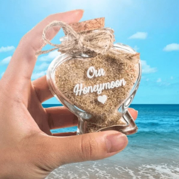 Custom Wedding Favor Heart Shaped Glass Jar for Destination Wedding Honeymoon Sand Keepsake - BigKer Creations