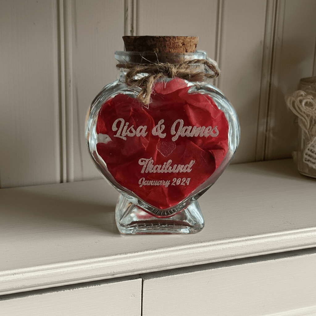 Custom Wedding Favor Heart Shaped Glass Jar for Destination Wedding Honeymoon Sand Keepsake - Giftable Moments CA