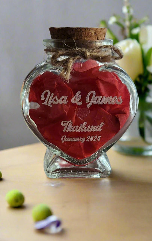 Custom Wedding Favor Heart Shaped Glass Jar for Destination Wedding Honeymoon Sand Keepsake - BigKer Creations