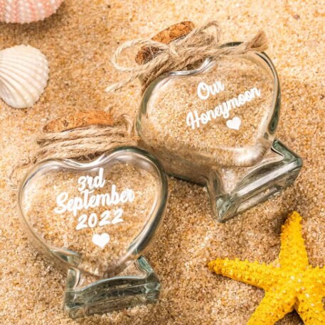 Custom Wedding Favor Heart Shaped Glass Jar for Destination Wedding Honeymoon Sand Keepsake Travel Wedding Message in a Bottle Beach Sand