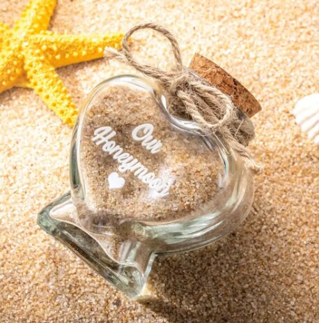 Custom Wedding Favor Heart Shaped Glass Jar for Destination Wedding Honeymoon Sand Keepsake Travel Wedding Message in a Bottle Beach Sand