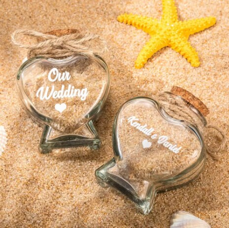 Custom Wedding Favor Heart Shaped Glass Jar for Destination Wedding Honeymoon Sand Keepsake Travel Wedding Message in a Bottle Beach Sand