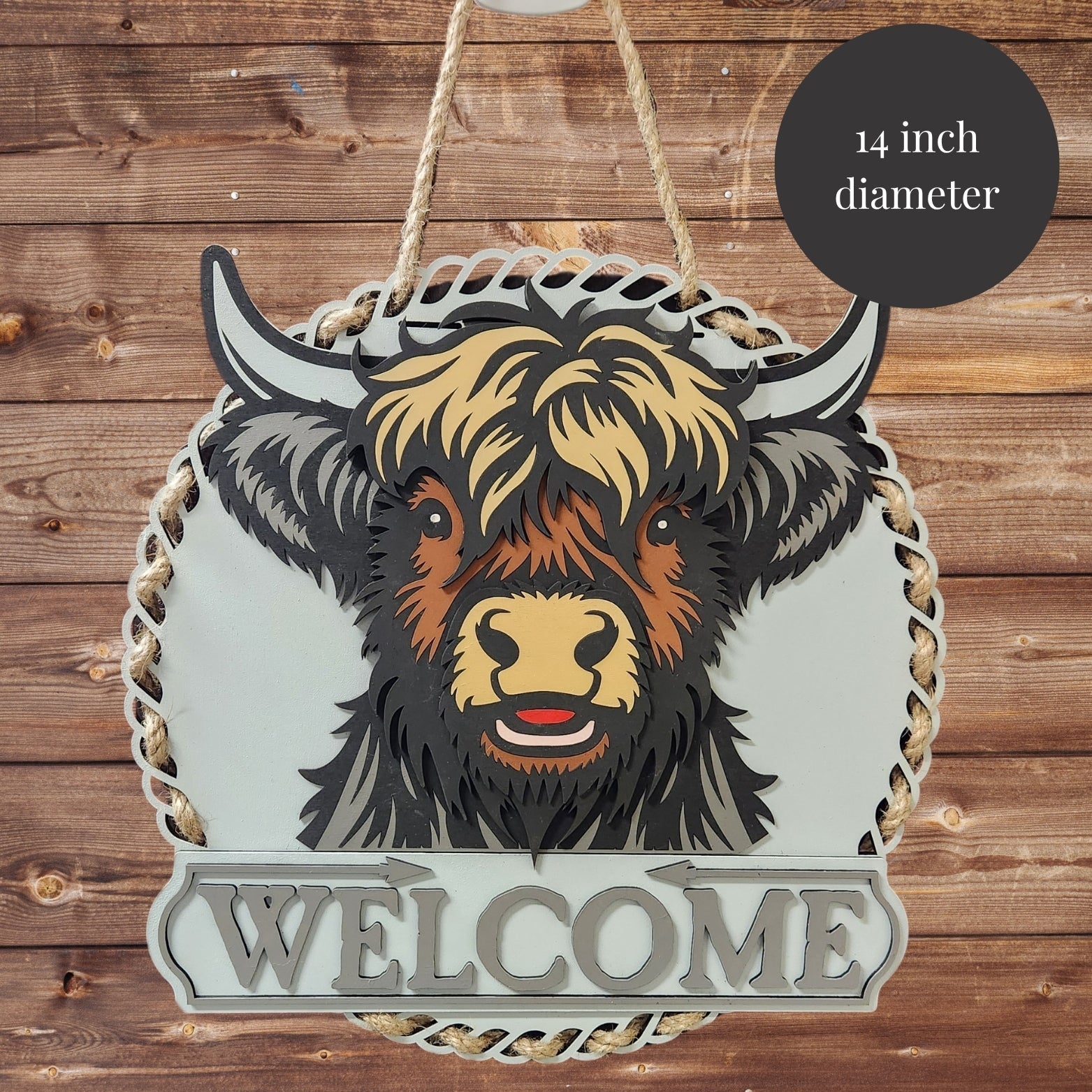 Rustic Welcome Sign Farmhouse Decor Wall Hanging Entry Door Round Art Country Style Home Accent Rope Design Custom Artwork Highland Cow Art - Giftable Moments CA