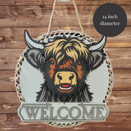 Rustic Welcome Sign Farmhouse Decor Wall Hanging Entry Door Round Art Country Style Home Accent Rope Design Custom Artwork Highland Cow Art - Giftable Moments CA