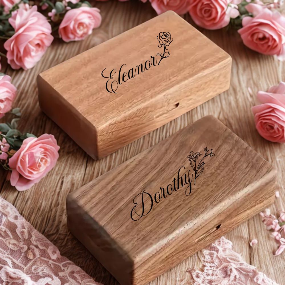 Personalized Jewelry Box for Daughter Gift Idea for Bridesmaid Gift Box with Engraving Birth Flower Design Custom Name Engraved Walnut Box