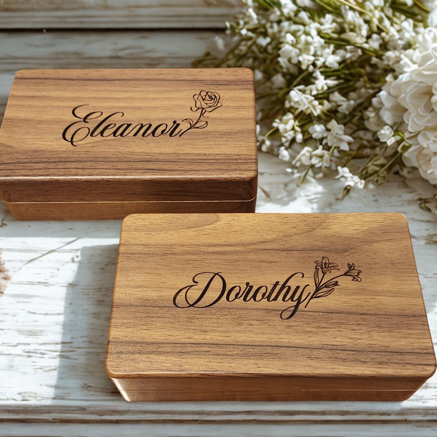 Personalized Jewelry Box for Daughter Gift Idea for Bridesmaid Gift Box with Engraving Birth Flower Design Custom Name Engraved Walnut Box